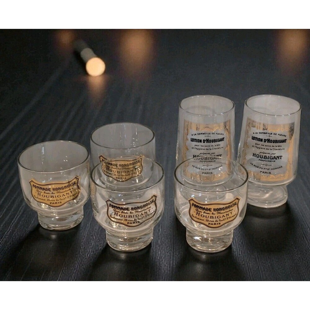 6 Vintage French Pommade Houbigant Parfumerie Paris Advertising Cocktail Glasses